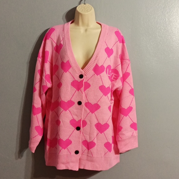 Shein Plus pink with pink  heart pattern drop shoulder cardigan duster s… - Picture 9 of 17
